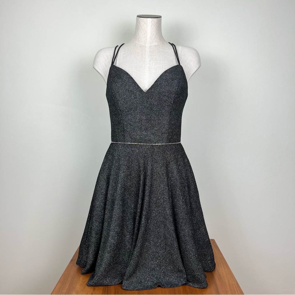Tiffany Homecoming Short Strappy Dress. Black w/ Silver Shimmer
